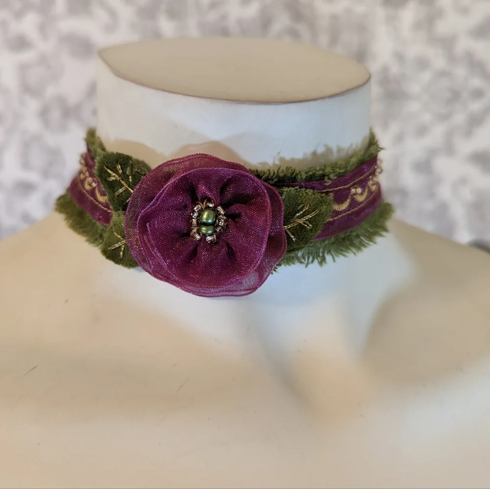 Handmade Jewel Tone Rosette Plum and Olive Green Chiffon & Velvet Floral Choker - Picture 3 of 10